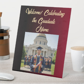Welcome Graduate Photo Burgundy Black Ombre Accent Pedestal Sign