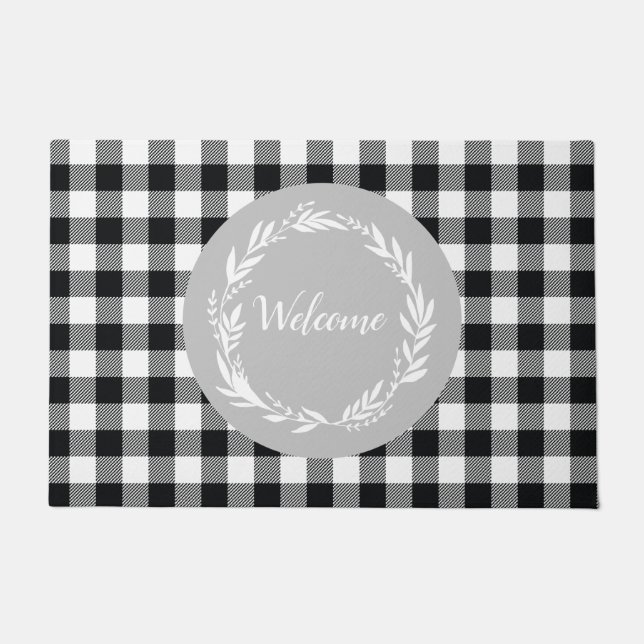 Welcome Gray Buffalo Check Pattern Autumn Doormat (Front)