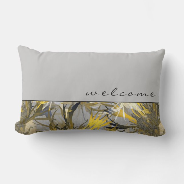 Welcome | Gray Elegant Artistic Floral Lumbar Pillow (Front)