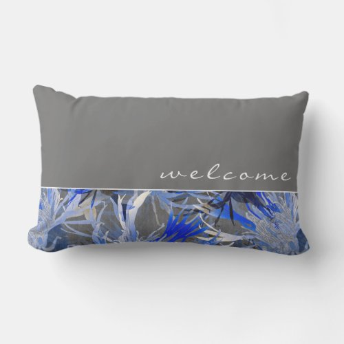 Welcome  Gray White  Blue Abstract Floral Lumbar Pillow