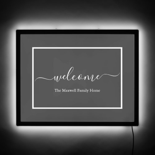 Welcome gray white family name LED sign