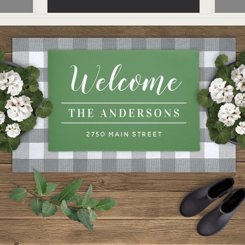 Welcome Green and White Personalized Family Name Doormat
