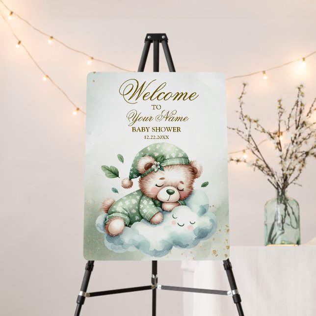 Welcome Green Boho Sleeping Teddy Bear Cute Party Foam Board (In Situ (Stand))