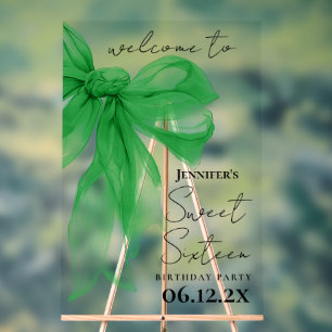 Welcome Green Bow Coquette Script Sweet 16 Acrylic Sign