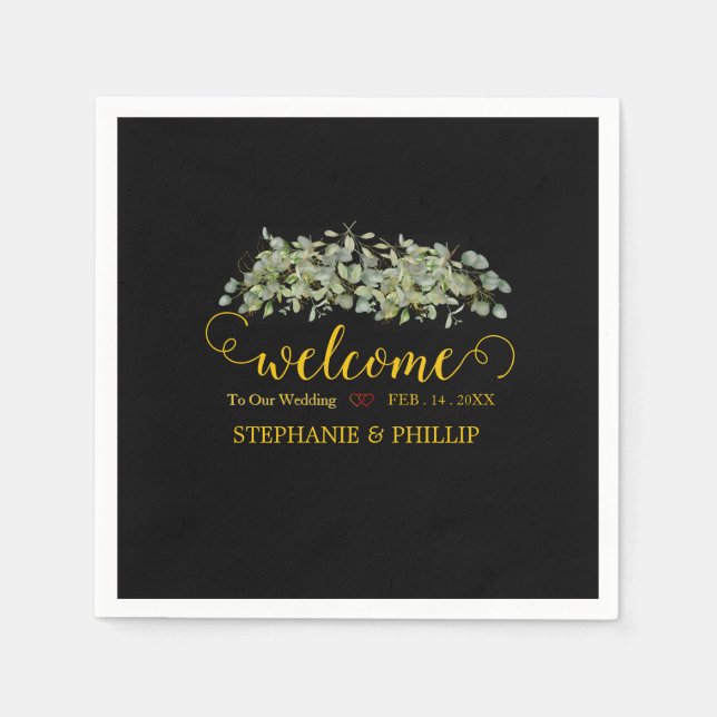 Welcome Green Eucalyptus Foliage Wedding  Napkins (Front)