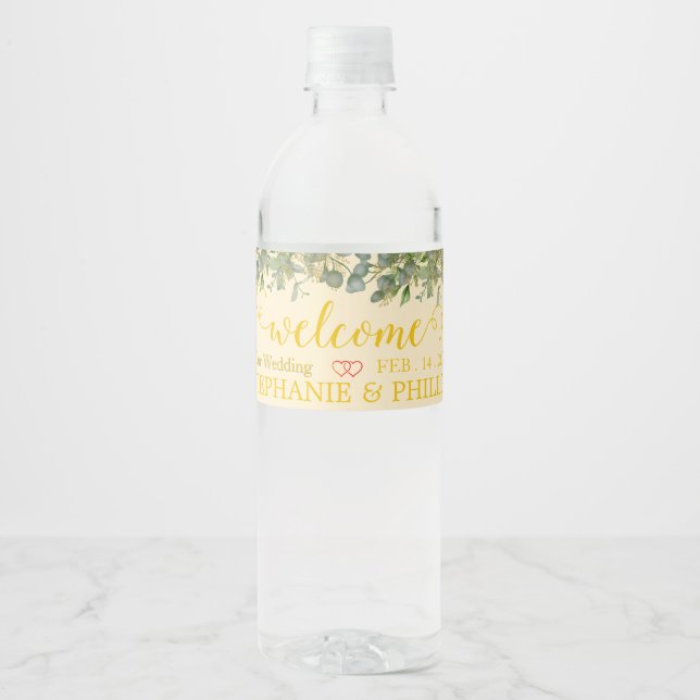 Welcome Green Eucalyptus Foliage Wedding Water Bot Bottle Label (Front)
