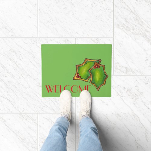 WELCOME Green Holly Spring Christmas Cookies Doormat