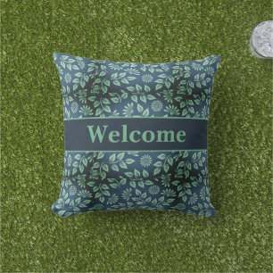 Welcome Green Leaves on Navy Outdoor Throw Pillow