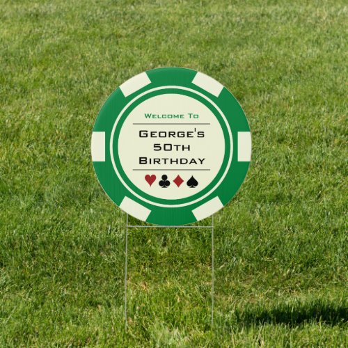Welcome Green Off_White Poker Chip Birthday Party Sign