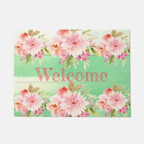 Welcome green pink flowers rustic doormat