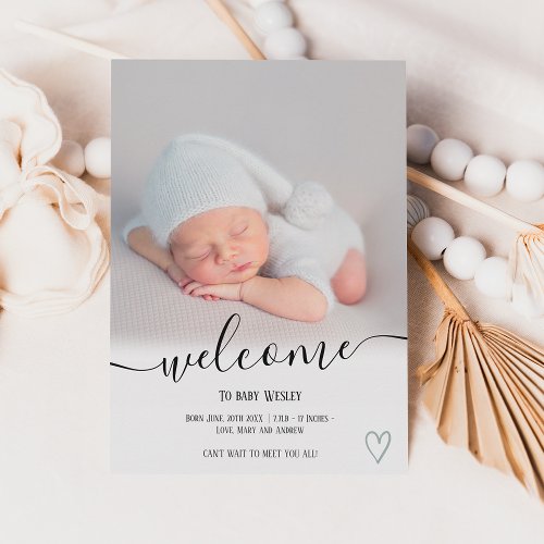 Welcome green script heart photo boy baby birth announcement