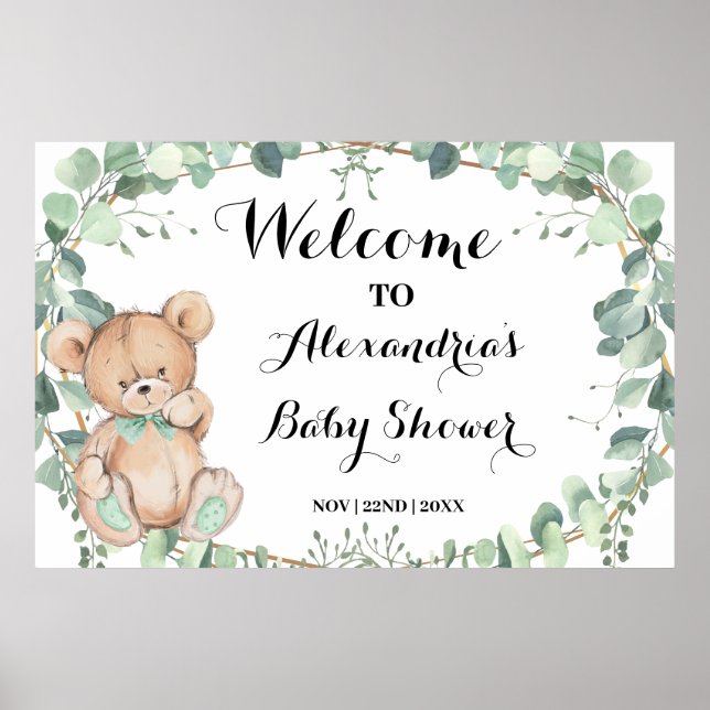 Welcome Greenery Bear Gold Baby Shower Poster (Front)