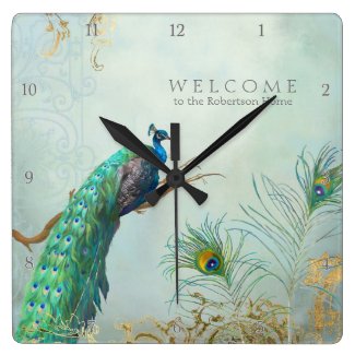 Welcome Guest Family Room Peacock n Feathers Art Square Wall Clock