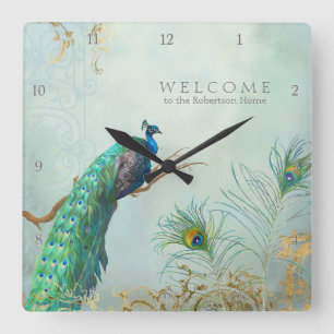 Welcome Guest Family Room Peacock n Feathers Art Square Wall Clock
