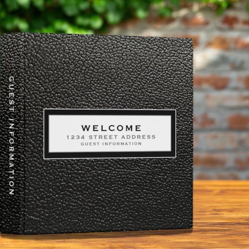 Welcome  Guest Information  Black Faux Leather 3 Ring Binder
