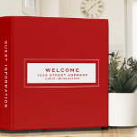 Welcome Guest Information Red<br><div class="desc">Modern guest information binder features a minimal design in a red color palette. "Welcome" and custom address and guest information subject presented in simple font in a white window with a coordinating frame. Shown with a custom welcome message, address and guest information and on the front in modern typography, this...</div>