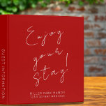 Welcome Guest Information Red 3 Ring Binder<br><div class="desc">Modern guest information binder features a minimal design in a red color palette. "Enjoy your stay!" in elegant script with branded name and address or custom text; guest information subject presented in simple font. Shown with a custom welcome message, address and braded name and on the front in elegant font...</div>