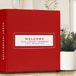 Welcome | Guest Information | Red 3 Ring Binder<br><div class="desc">Modern guest information binder features a minimal design in a red color palette. "Welcome" and custom address and guest information subject presented in simple font in a white window with a coordinating frame. Shown with a custom welcome message, address and guest information and on the front in modern typography, this...</div>