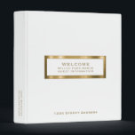 Welcome | Guest Information | White Gold 3 Ring Binder<br><div class="desc">Modern guest information binder features a minimal luxury design in a white and gold. "Welcome" and custom name address and guest information subject presented in simple font in a white window with a coordinating brushed metallic gold frame. Shown with a custom welcome message, address and guest information and on the...</div>