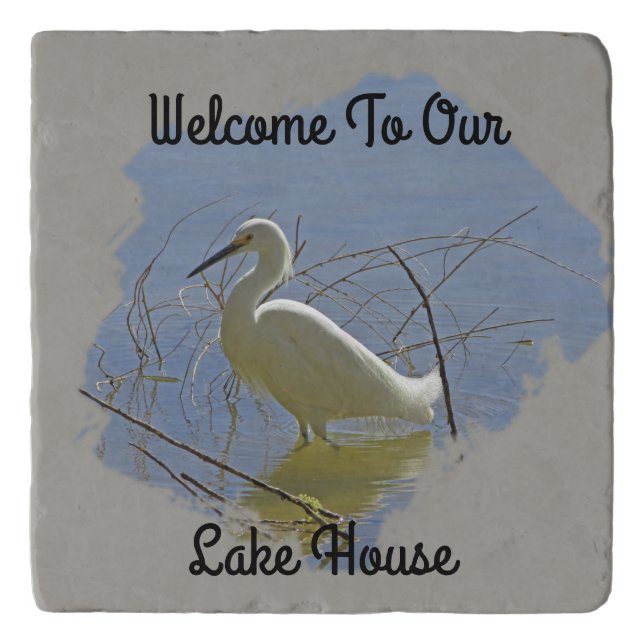 Welcome Guest White Egret Photo Lake House Trivet (Front)