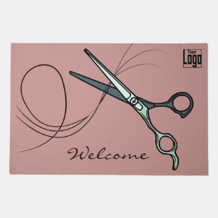 Welcome Hair Scissors Salon Logo Black Pink Doormat