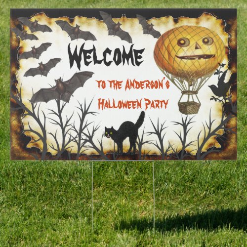 Welcome Halloween Party Sign Bats Pumpkin Cat Tree