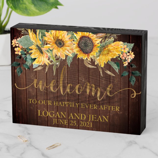 Welcome Happily Ever After Wedding Sunflower Wooden Box Sign (In Situ Horizontal)