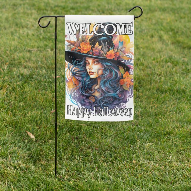 Welcome | Happy Halloween Autumn Witch Garden Flag (In SItu)