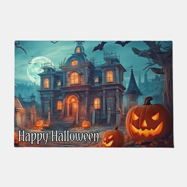 Welcome | Happy Halloween Spooky Pumpkins Doormat (Front)