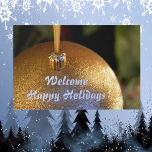 Welcome Happy Holidays Glittery Gold Ornament Doormat