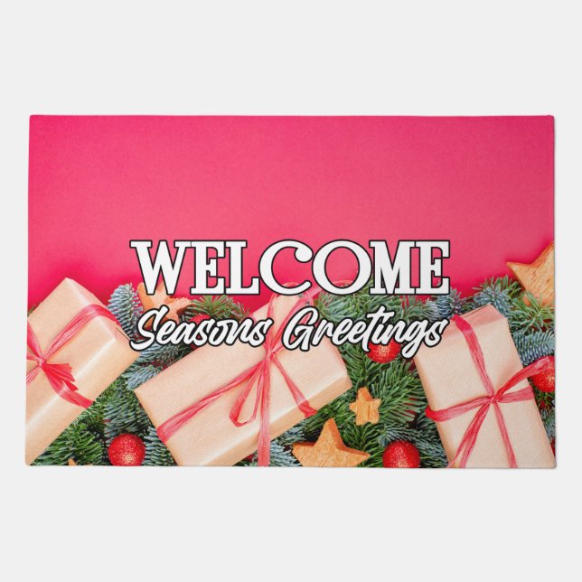 Welcome Happy Holidays Seasons Greetings Doormat (Front)