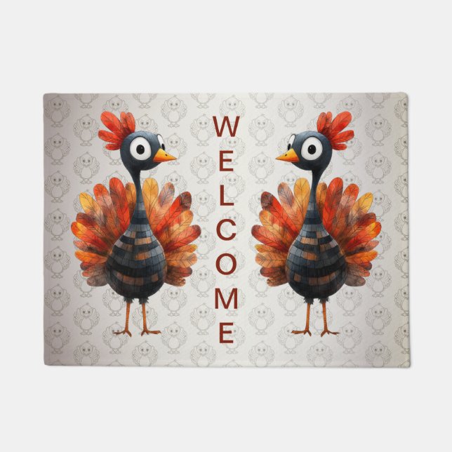 Welcome Happy Thanksgiving Colorful Baby Turkey Doormat (Front)