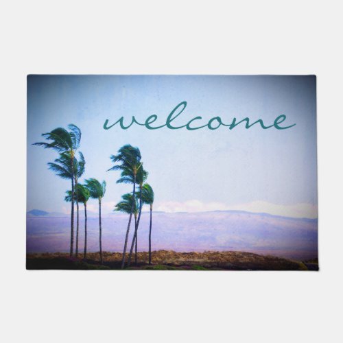 Welcome Hawaii Palm Trees Purple Mountain Photo Doormat