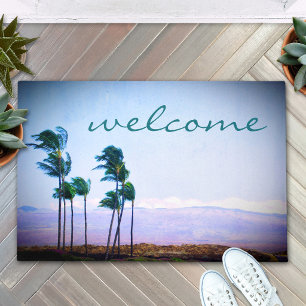 Welcome Hawaii Palm Trees Purple Mountain Photo Doormat