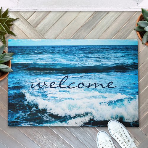 Welcome Hawaii Turquoise Blue Ocean Waves Photo Doormat