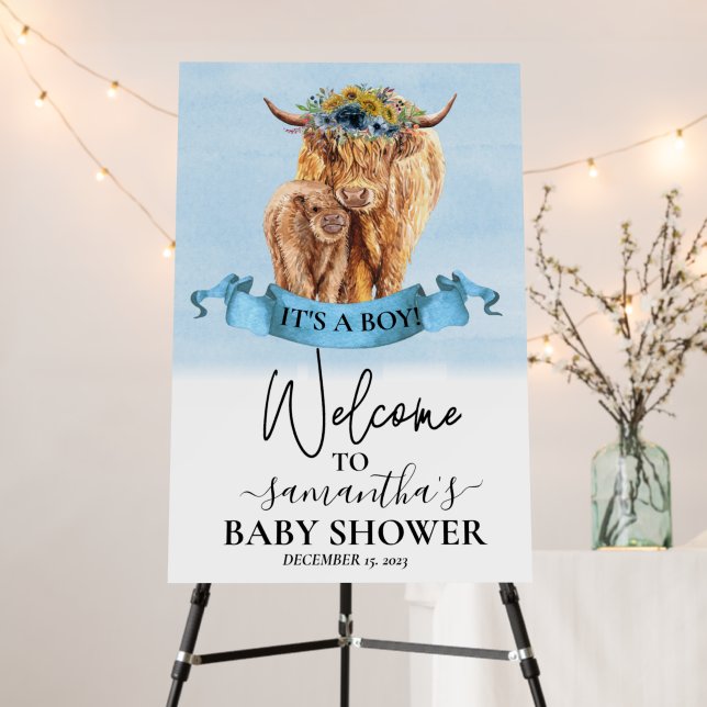  Welcome Highland Cow Calf Baby Shower Boy Foam Board (In Situ (Stand))
