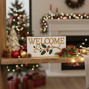 Welcome holly christmas guest wooden box sign