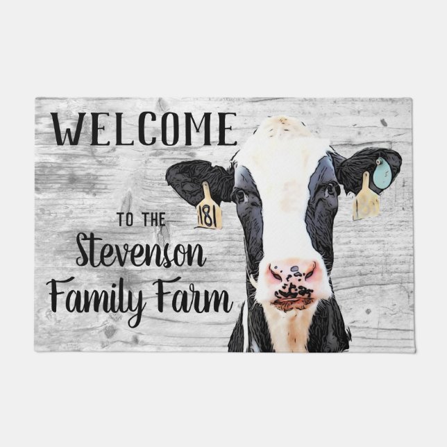 Welcome Holstein Cow Animal Family Farm Name Doormat (Front)