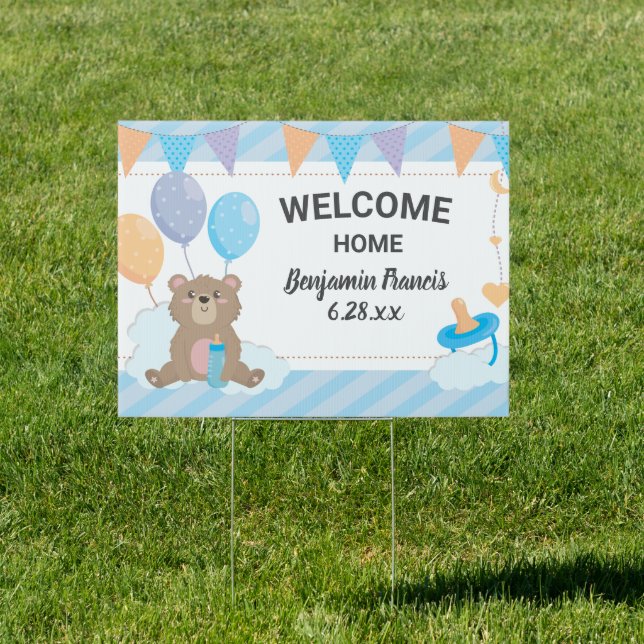 Welcome Home Baby Boy Cute Teddy Bear Yard Sign (Insitu)