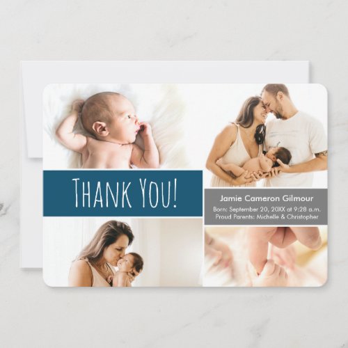  Welcome Home Baby boy Photo Collage Dark blue Thank You Card