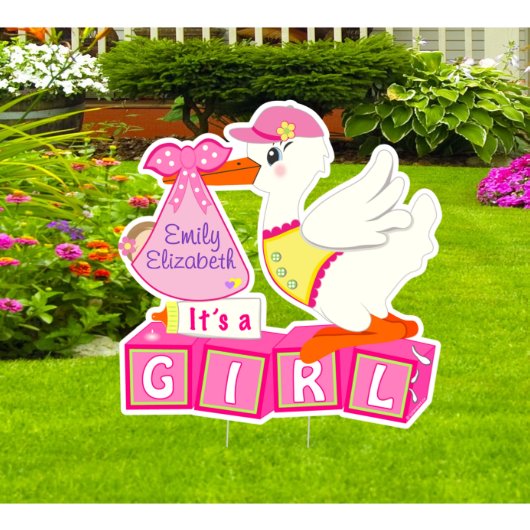 Welcome Home Baby Girl Stork Yard Decoration Sign (Front)