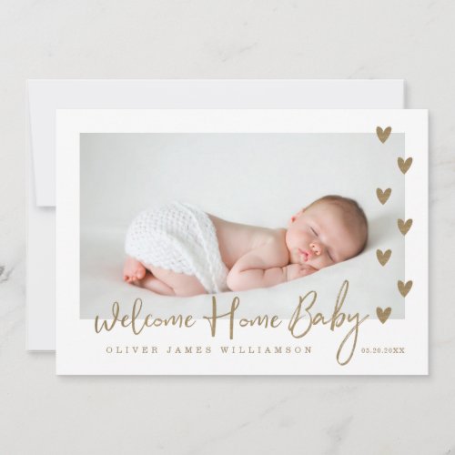 Welcome Home Baby Modern Minimal Gold Hearts Photo Announcement