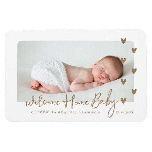 Welcome Home Baby Modern Minimal Gold Hearts Photo Magnet