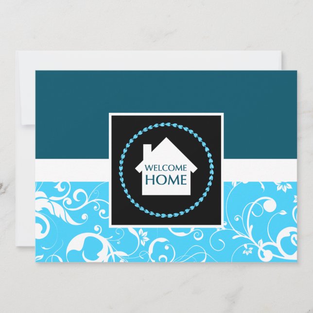 welcome home blue damask invitation (Front)