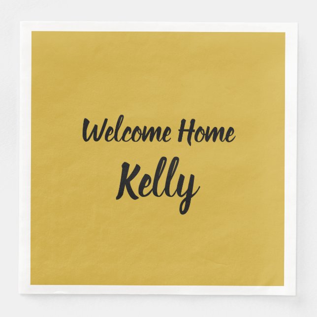Welcome Home Brush Brushstroke Script Gold Paper Dinner Napkins (Front)