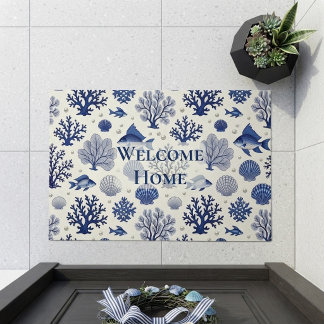 Welcome Home Coral Reef Ocean Coastal Decor Blue Doormat