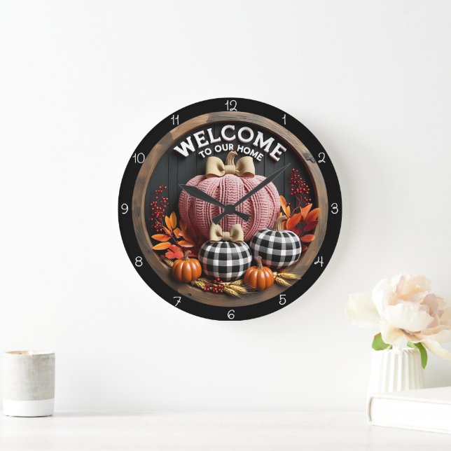 Welcome Home Cozy Autumn Pumpkins Large Clock (Home)