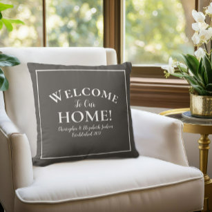 Welcome Home Custom Brown White Chic Calligraphy Throw Pillow