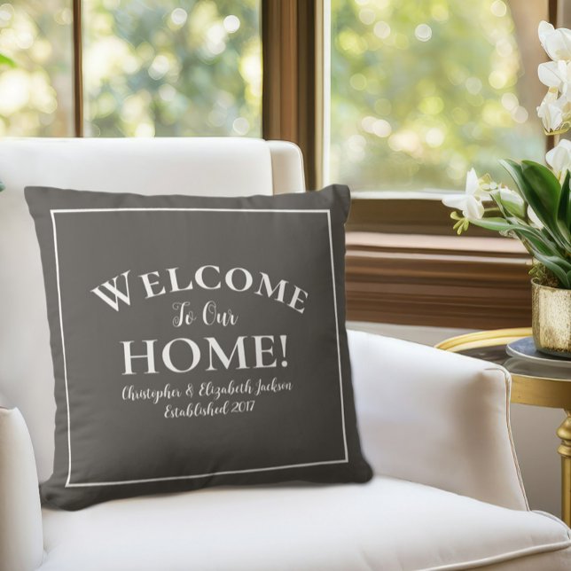 Welcome Home Custom Brown White Chic Calligraphy Throw Pillow (Welcome Home Custom Brown White Chic Calligraphy Throw Pillow in chair)