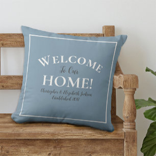 Welcome Home Custom Dusty Blue Calligraphy Chic Throw Pillow